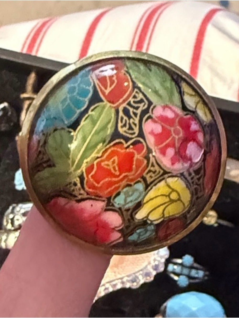 COMING SOON! Vintage Floral Cloisonné Round Brass Ring